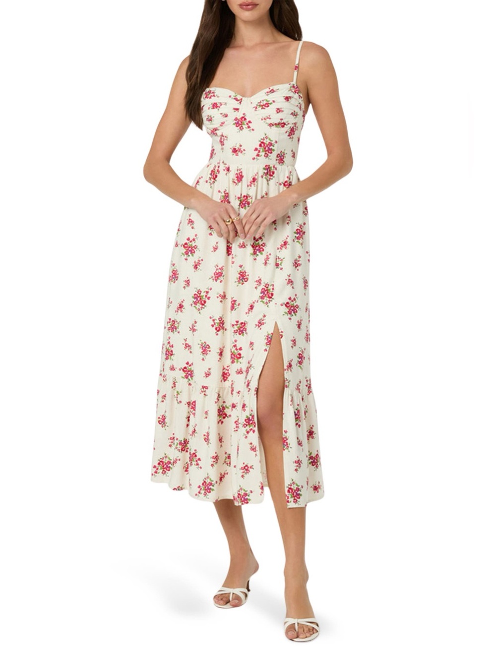 Astr Floral Pleated Bust Fit & Flare Sundress White Pink size Medium